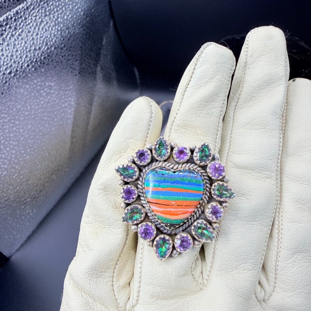 925 Sterling Silver Colorful Heart-Shaped Ring, Custom Made, Adjustable 6-8